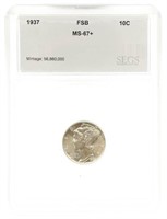 1937 US MERCURY DIME 10C SILVER COIN SEGS MS67+