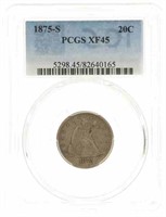 1875-S US SEATED LIBERTY 20C SILVER COIN PCGS XF45