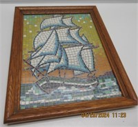 14" X 18" FRAMED MCM TILE SHIP PICTURE VERY NICE.