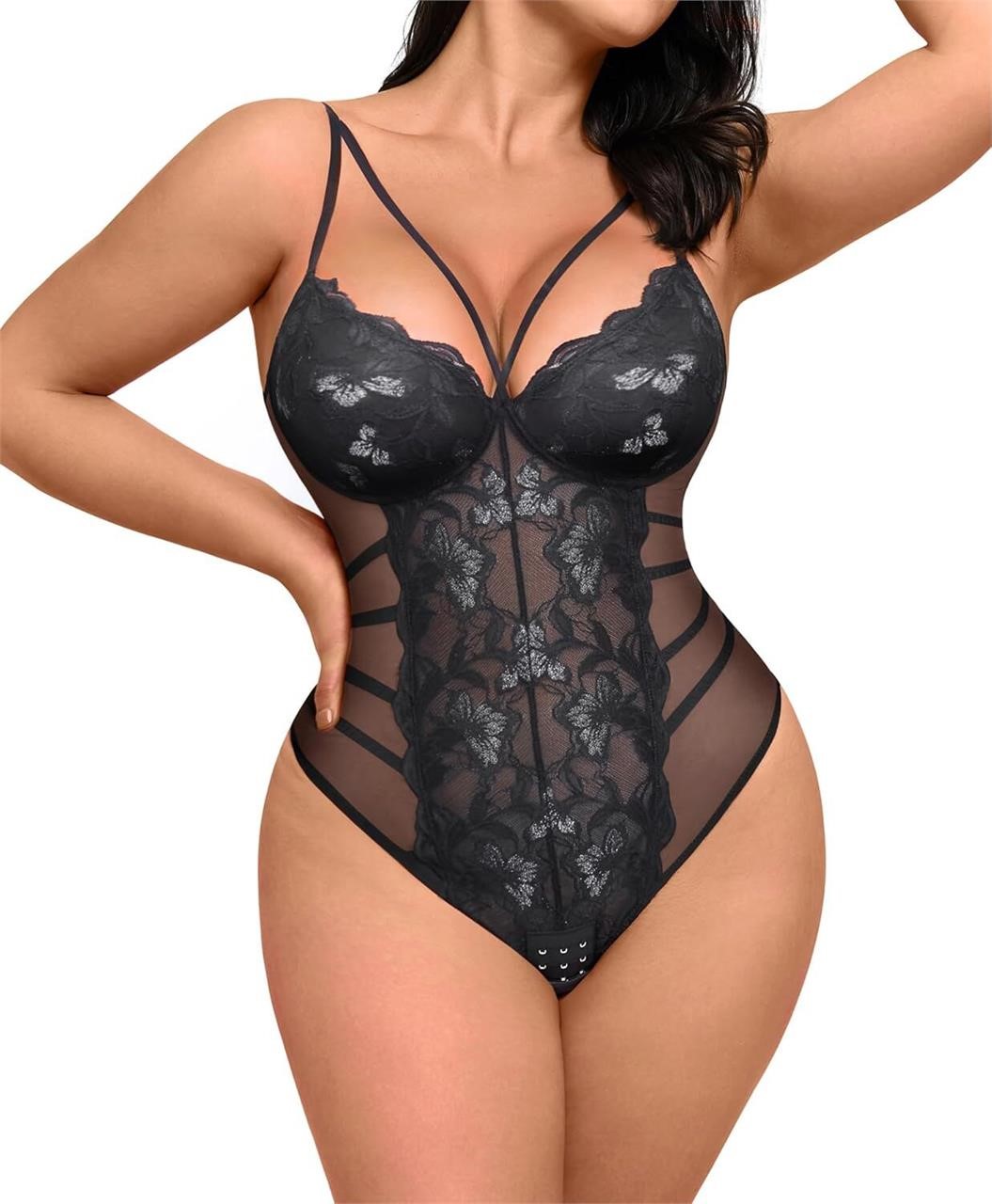 FeelinGirl Lace Shapewear Bodysuits V Neck Black M