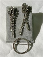 Pair of Clip on Rhinestone Earrings & Pin