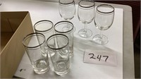 3 vintage, silver rim stemmed wine glasses, and 4