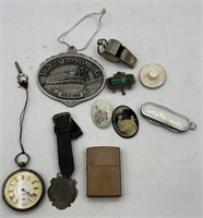 Box Lot Including Pocket Watch, Lighter, Pins &