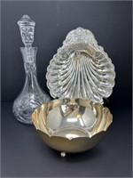 Decanter, Silver Plate Bowl, Silver Plate Dish