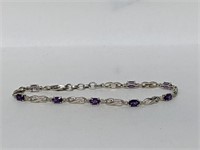 .925 Sterling Silver Amethyst/Diamond Bracelet