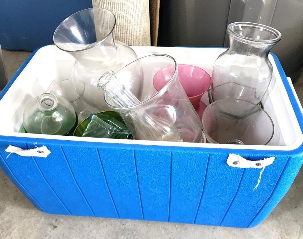 lot of glass vases colored & clear