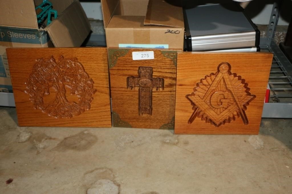 3 Wood Carved Wall Hangers Masonic/Cross & Tree