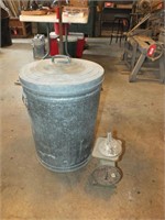 GALVANIZED GARBAGE CAN, SCALE, FUNNEL