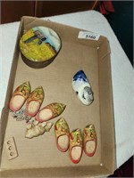 Vintage Mini Wooden Shoes, Dutch Lighter & Tin