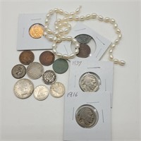 VARIOUS AMERICAN & FOREIGN COINS PLUS PEARLS