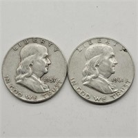 1957 D & 1961 D FRANKLIN SILVER HALF DOLLARS