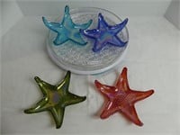 11" PRESS GLASS TRAY & 4 STAR FISH CANDLE HOLDERS