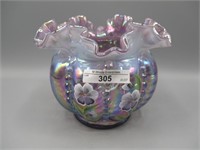 Fenton plum opal irid HP drapery vase "Pansies"