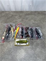 Assortment of large fishing lures, possibly musky