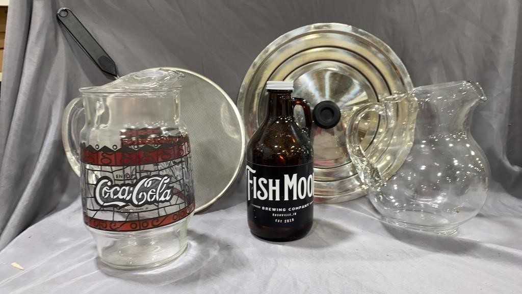 Glass Pitchers, Skillet Lid, grease lid & Growler