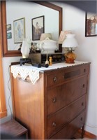 dresser, mirror, chamber pot, lamps