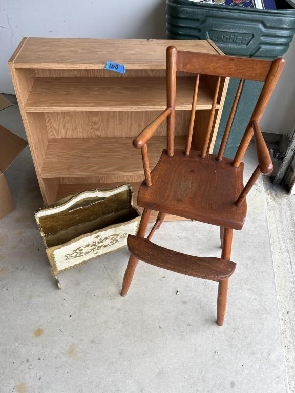 Book shelf, magazine rack and high chair,