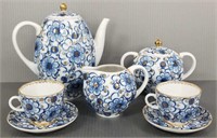 5-piece Russian porcelain blue & white tea set