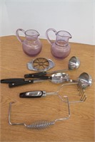 Stainless Steel Utensils & 2 Lavendar Glass