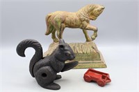Cast Iron Horse, Red Wagon & Squirrel Nutcracker