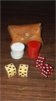 Vintage set of dice with chips in leather pouch