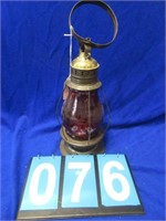 EARLY FIXED SHADE LANTERN , BRASS TOP, RED SHADE