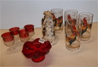 Rooster Glasses,Red Bowl, Goblets,Figure