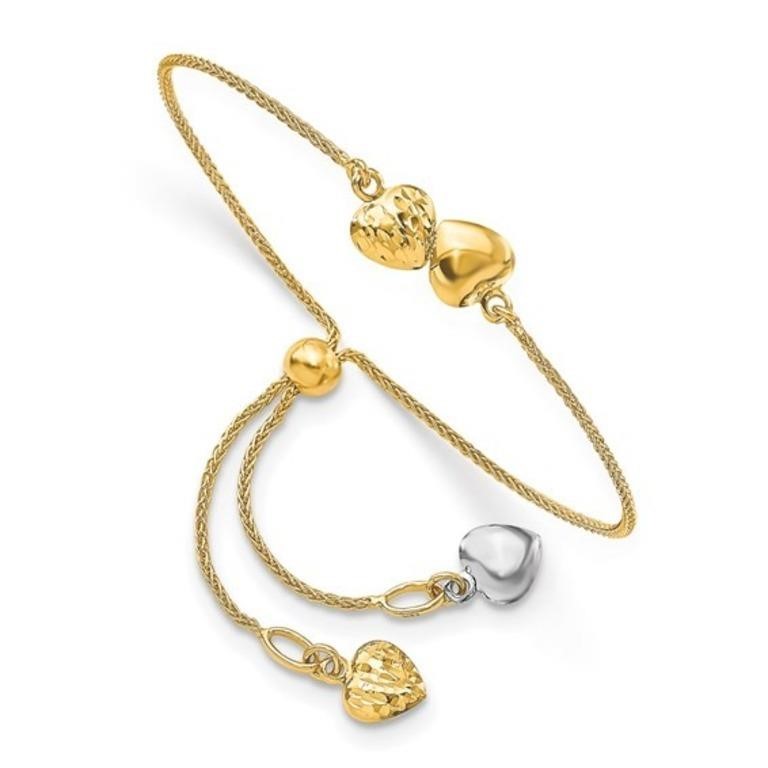 14K Two-tone Polished Heart Adjustable Bracelet