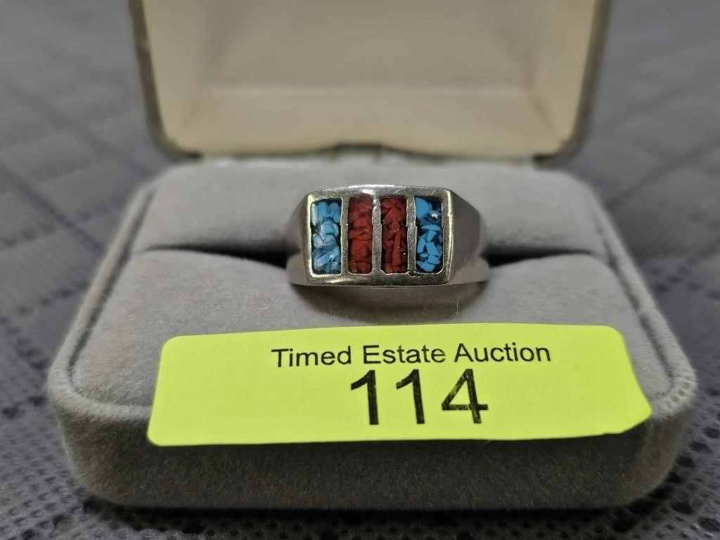 NATIVE AMERICAN TURQUOISE AND CORAL RING, SZ-10