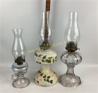 Oil lamps ceramic and glass with chimneys