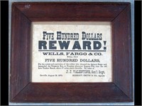 FRAMED $500 WELLS FARGO REWARD POSTER - 18" X 15"