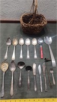 16pc old silverplate serving pieces +brass snuffer