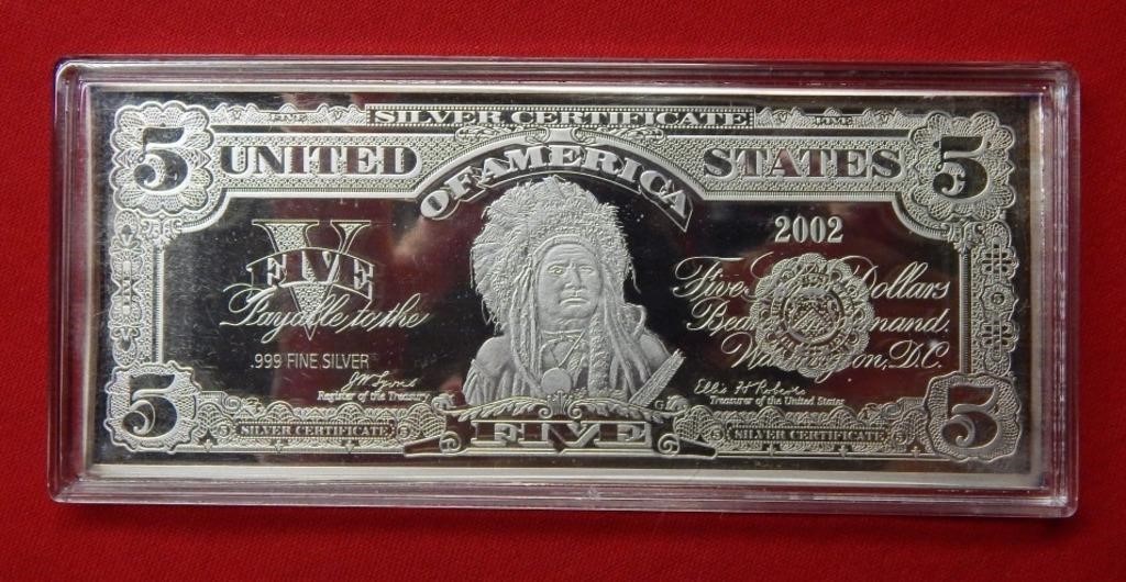 1Oz Silver 2002 $5 Indian Chief Silver Certificate