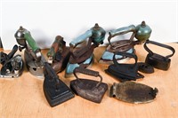 COLLECTION OF ASSORTED SAD IRONS, ELECTRIC IRON &