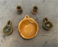 Miniature handmade clay mug and pan set