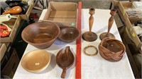 Wood bowls, wood candle holder, basket bowl