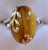 Sterling Silver Genuine Tiger Eye Diamond Ring