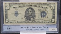 1934-D $5 Silver Certificate, Blue Seal