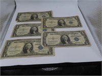 (5) 1935F blueseal Silver $1 Certificates BIlls