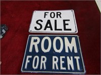 (2)Metal embossed For Sale, Room for Rent signs.