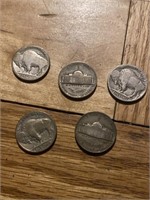 3 Buffalo nickels and 2 War nickels