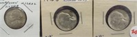 (3) 1945-S War Time Jefferson 40% Silver Nickels.
