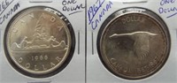 (2) Canadian Silver Dollars. Dates: 1966, 1967.