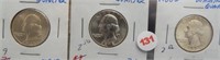 (3) Washington Silver Quarters. Dates: 1947-D,
