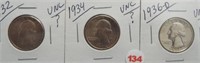 (3) Washington Silver Quarters. Dates: 1932,