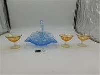 VINTAGE COLORED GLASS BASKET AND DESERT CUPS