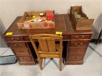LEATHER TOP DESK, WOODEN ACCENT CHAIR, DRAWER