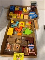 2 FLATS W/ PLASTIC DOLL FURNITURE & PLAYSKOOL