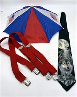 Harley-Davidson Neck Tie, Red Suspenders, Umbrella