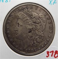 1881 Morgan silver dollar. XF.